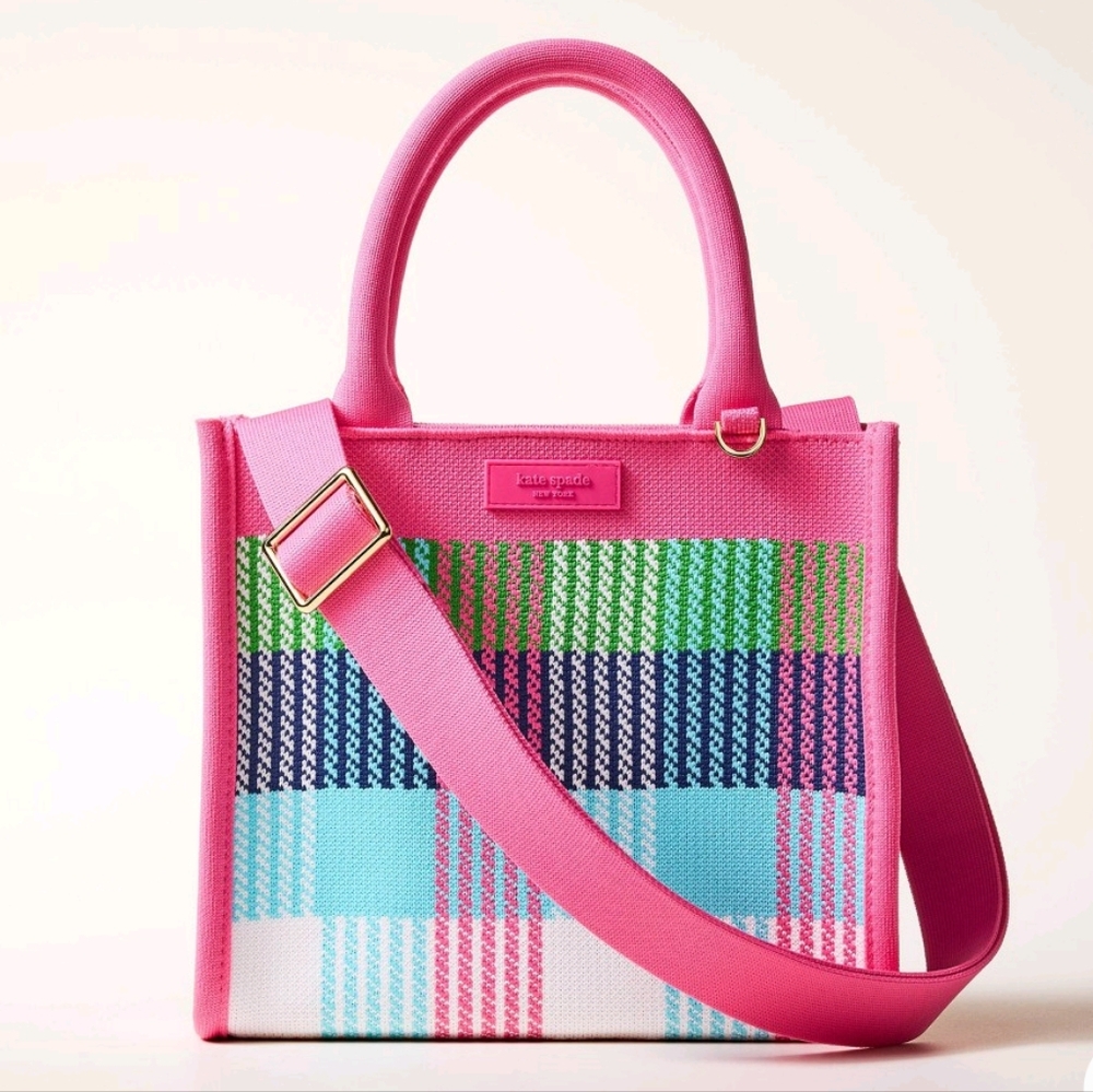 NWT Kate Spade Pink and Green Plaid Knit Crossbody Bag